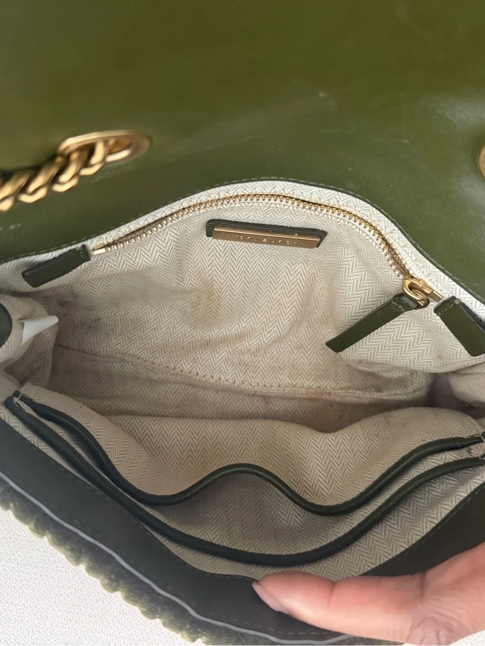 Tory Burch Quilted Olive Velvet Shoulder Bag with Gold Logo